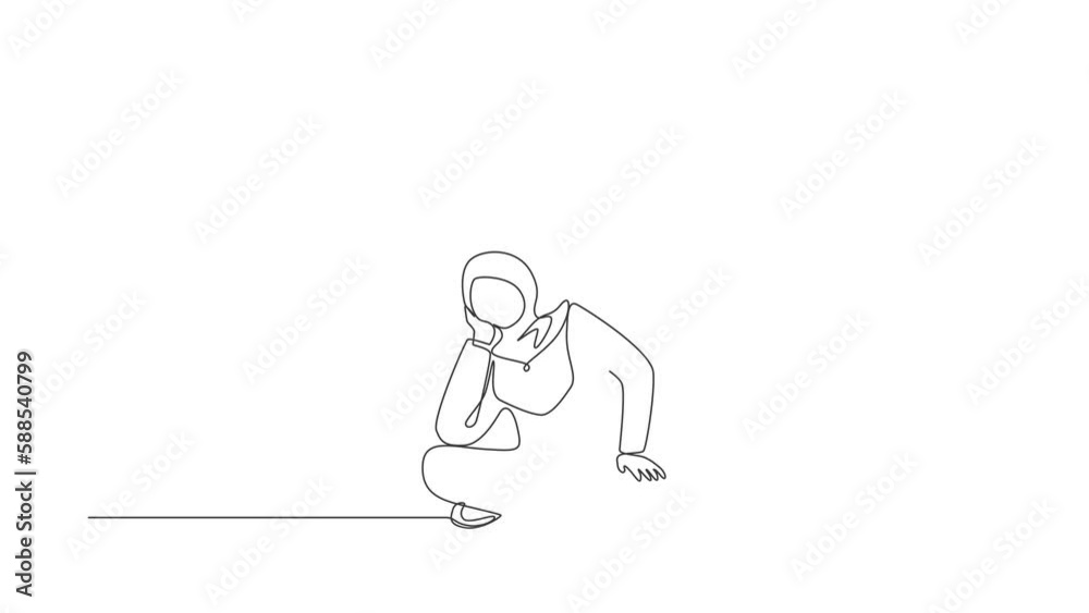 Self drawing animation of single line draw Arab businesswoman who is asking questions because she gets into problem. Running out of idea, daydreaming, depressed. Continuous line. Full length animated Self drawing animation of single line draw Arab businesswoman who is asking questions because she gets into problem. Running out of idea, daydreaming, depressed. Continuous line. Full length animated