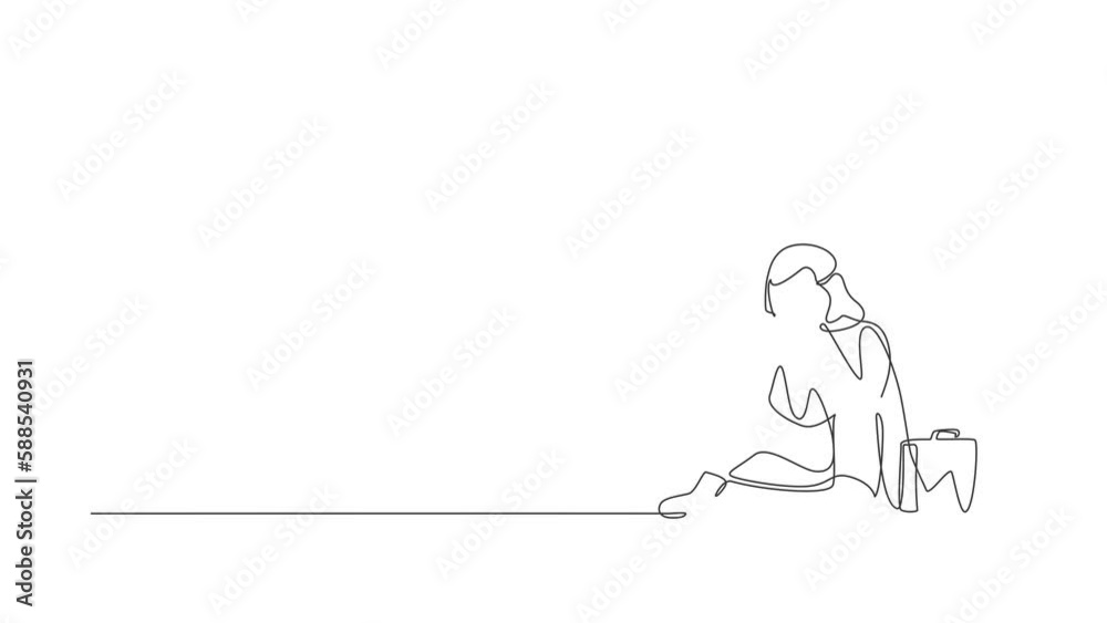Animated self drawing of continuous line draw sad Arab businessman cover face by hands, sitting on floor. Depression disorder, sad, sorrow, disappointment symptom. Full length single line animation