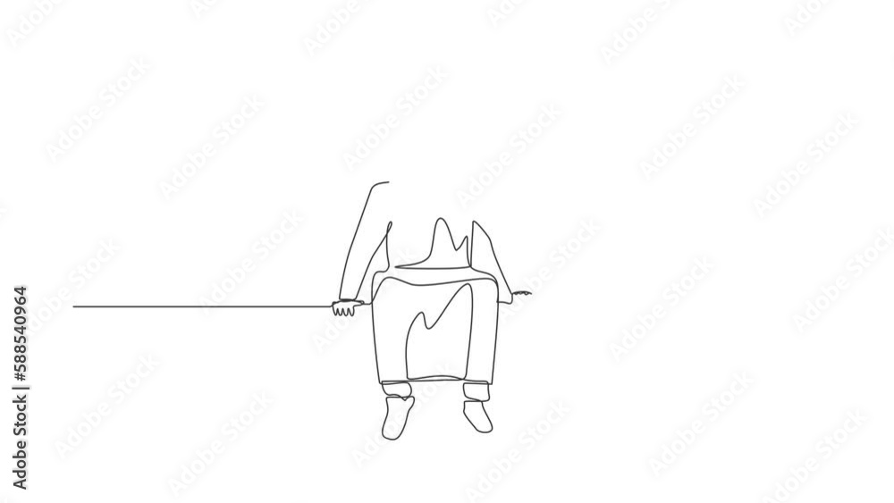 Animated self drawing of continuous line draw Arab businessman sits at bench. Man suffering from depression, experiences dismissal, gets into difficult life situation. Full length one line animation Animated self drawing of continuous line draw Arab businessman sits at bench. Man suffering from depression, experiences dismissal, gets into difficult life situation. Full length one line animation