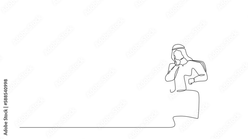 Animated self drawing of continuous one line draw Arab businessman sitting at sofa, feeling stressed. Anxious worker sit on couch, feel frustrated, depressed, suffer. Full length single line animation Animated self drawing of continuous one line draw Arab businessman sitting at sofa, feeling stressed. Anxious worker sit on couch, feel frustrated, depressed, suffer. Full length single line animation