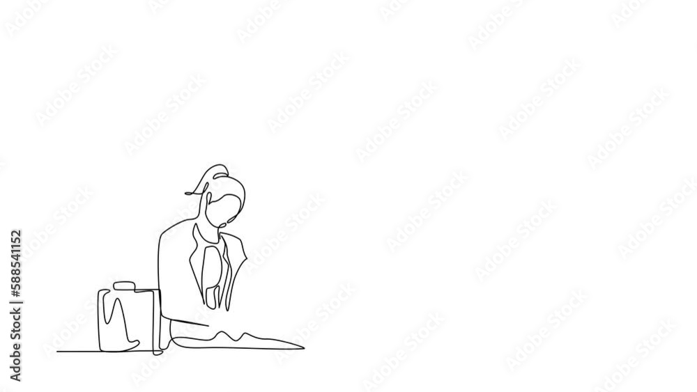 Animated self drawing of continuous one line draw businesswoman with briefcase sitting in despair on floor. Entrepreneur sad gesture. Professional burnout syndrome. Full length single line animation Animated self drawing of continuous one line draw businesswoman with briefcase sitting in despair on floor. Entrepreneur sad gesture. Professional burnout syndrome. Full length single line animation