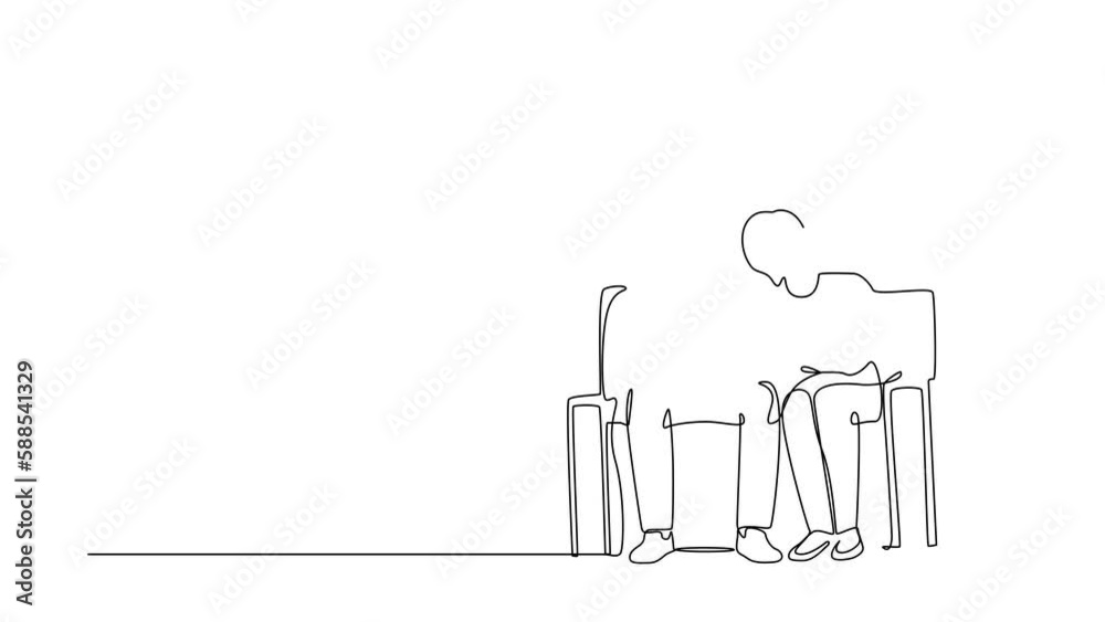 Self drawing animation of single line draw caring woman sitting on sofa, hugging shoulder of man, trying to help or support him. Support, mental depression. Continuous line draw. Full length animated