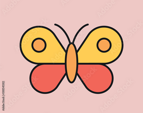 Retro butterfly concept. Sticker for social networks and reaction for messengers. Insect with red wings and symbol of summer and spring season. Cartoon flat vector illustration