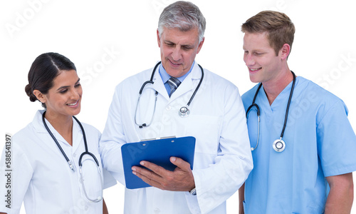 Doctor working with colleagues while holding writing pad 