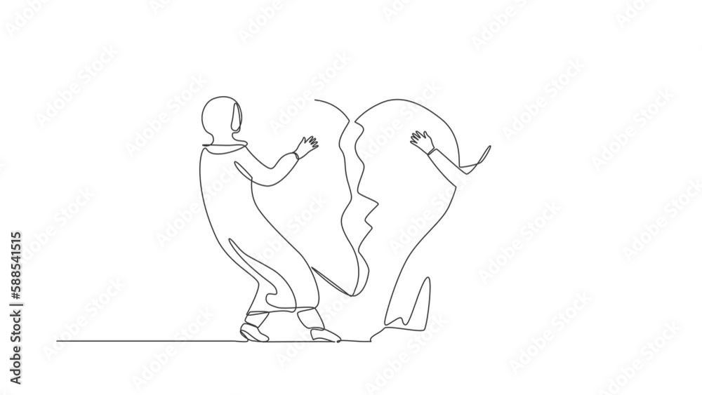 Animated self drawing of continuous line draw lovers broken heart. Arab man woman pulled apart causing each other feel sorrow, couple disagreement at end relationship. Full length one line animation Animated self drawing of continuous line draw lovers broken heart. Arab man woman pulled apart causing each other feel sorrow, couple disagreement at end relationship. Full length one line animation