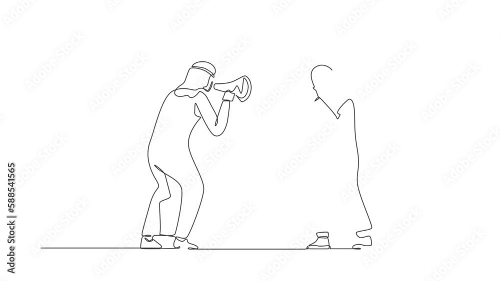Animated self drawing of continuous line draw Arab man woman hold loudspeakers scream at each other engaged in family fight. Stubborn husband wife yell in megaphones. Full length single line animation Animated self drawing of continuous line draw Arab man woman hold loudspeakers scream at each other engaged in family fight. Stubborn husband wife yell in megaphones. Full length single line animation