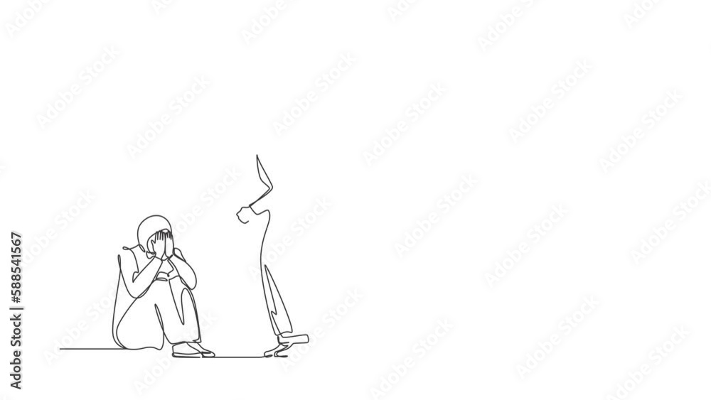 Animated self drawing of continuous one line draw Arab female afraid of husband, domestic violence. Man beating wife, quarreling couple. Emotional personages arguing. Full length single line animation Animated self drawing of continuous one line draw Arab female afraid of husband, domestic violence. Man beating wife, quarreling couple. Emotional personages arguing. Full length single line animation