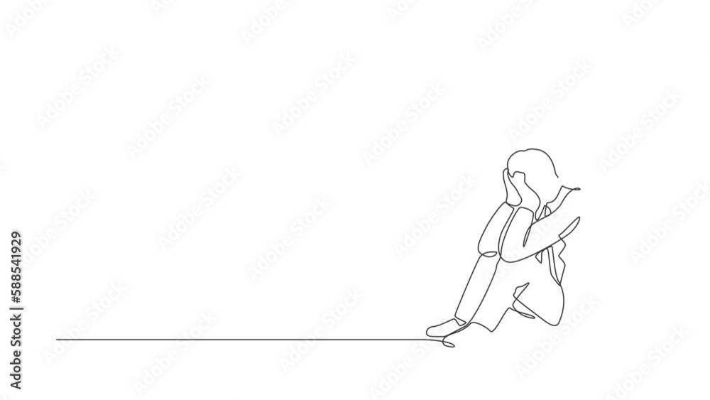 Self drawing animation of single line draw businessman feeling sad, depression sitting on floor. Office worker feeling stress, sad. Depression for people concept. Continuous line. Full length animated Self drawing animation of single line draw businessman feeling sad, depression sitting on floor. Office worker feeling stress, sad. Depression for people concept. Continuous line. Full length animated