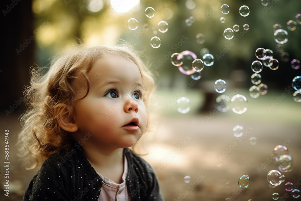 Cute little girl playing with bubbles in the park. Focus on foreground with copy space. Generative AI Cute little girl playing with bubbles in the park. Focus on foreground with copy space. Generative AI