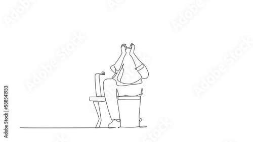 Animated self drawing of continuous line draw sad businessman, depression. Lonely man sitting on park bench. Young male character holding his head. Failure concept. Full length one line animation photo