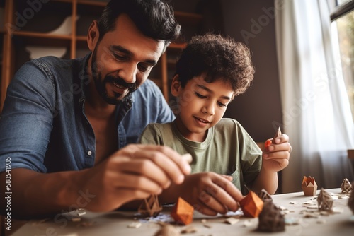 Latin father and son doing crafts together at home. Generative AI