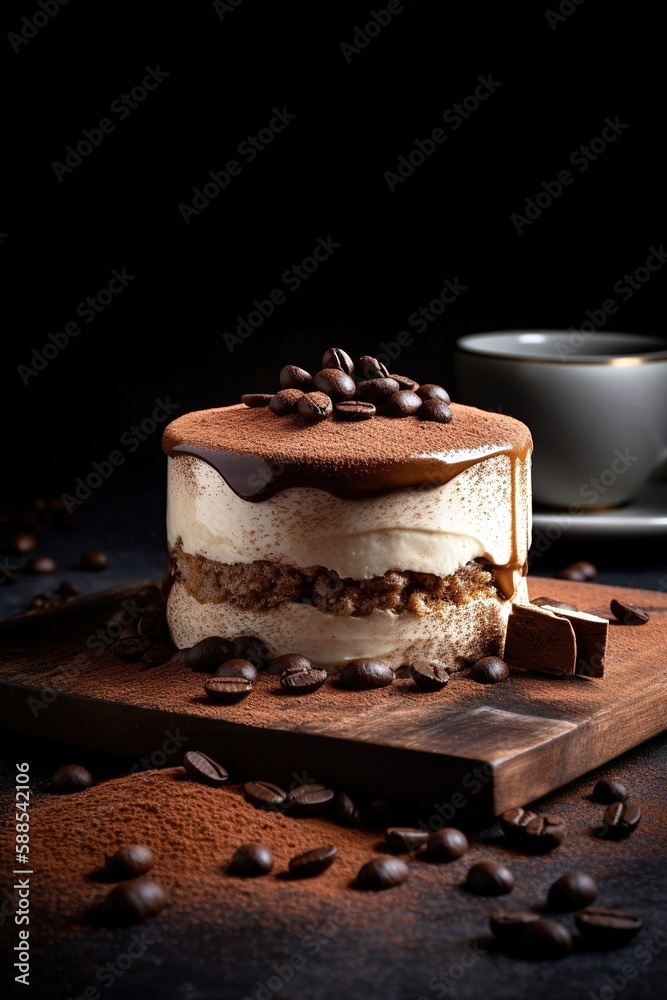 Delicious gourmet tiramisu, traditional Italian dessert. Dark food photography. Generative AI vertical shot