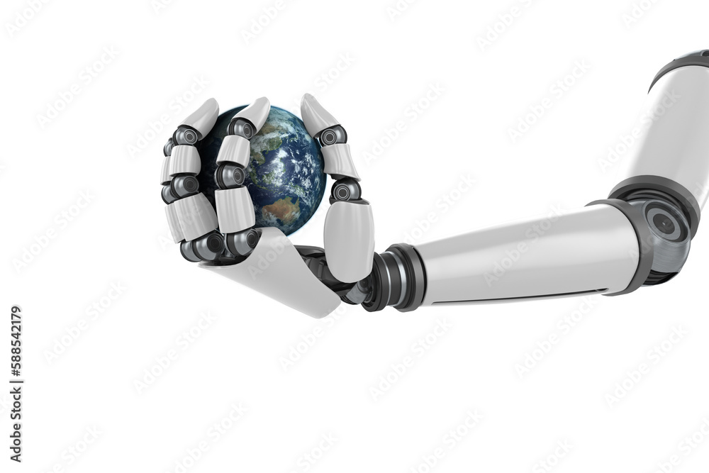 Digital image of metallic robot hand holding globe Digital image of metallic robot hand holding globe