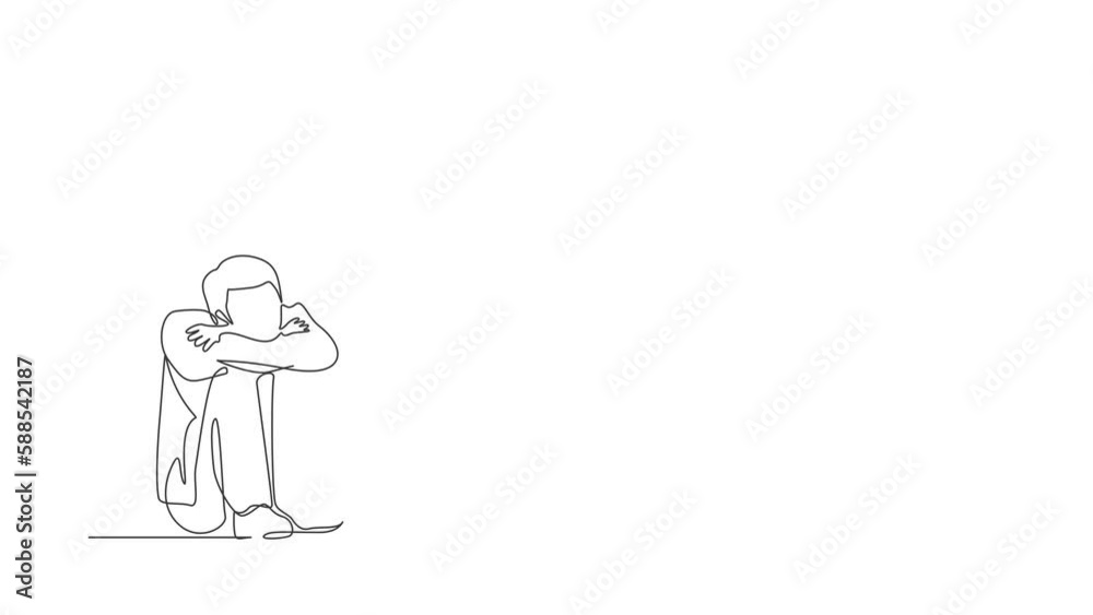 Animated self drawing of continuous line draw depressed businessman suffer emotion sadness stress with briefcase sitting in despair on floor. Worker feeling stress. Full length one line animation Animated self drawing of continuous line draw depressed businessman suffer emotion sadness stress with briefcase sitting in despair on floor. Worker feeling stress. Full length one line animation