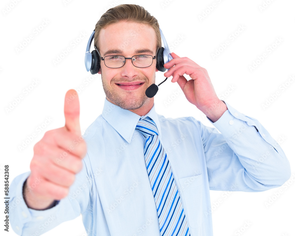 Positive businessman with headset end thumb up Positive businessman with headset end thumb up