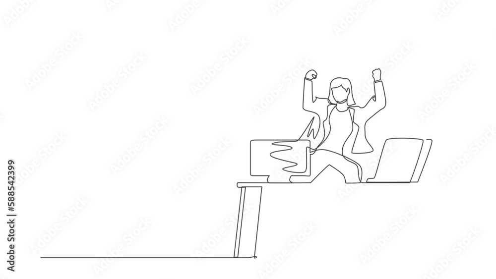 Animated self drawing of continuous line draw businesswoman jump with raised hands on her workplace. Manager celebrating success of increasing company product sales. Full length single line animation Animated self drawing of continuous line draw businesswoman jump with raised hands on her workplace. Manager celebrating success of increasing company product sales. Full length single line animation