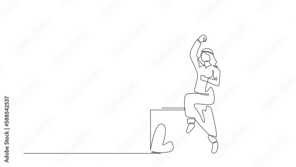 Animated self drawing of continuous line draw Arab businessman jumping dancing on workplace. Male manager celebrating success of increasing company's product sales. Full length single line animation Animated self drawing of continuous line draw Arab businessman jumping dancing on workplace. Male manager celebrating success of increasing company's product sales. Full length single line animation