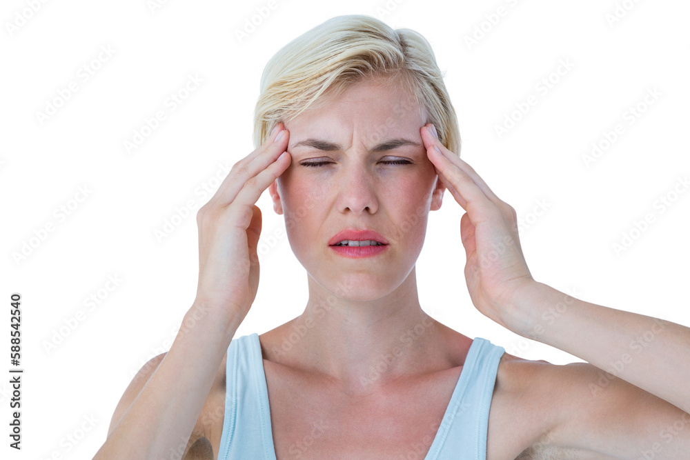 Attractive woman frowning while suffering from headache Attractive woman frowning while suffering from headache
