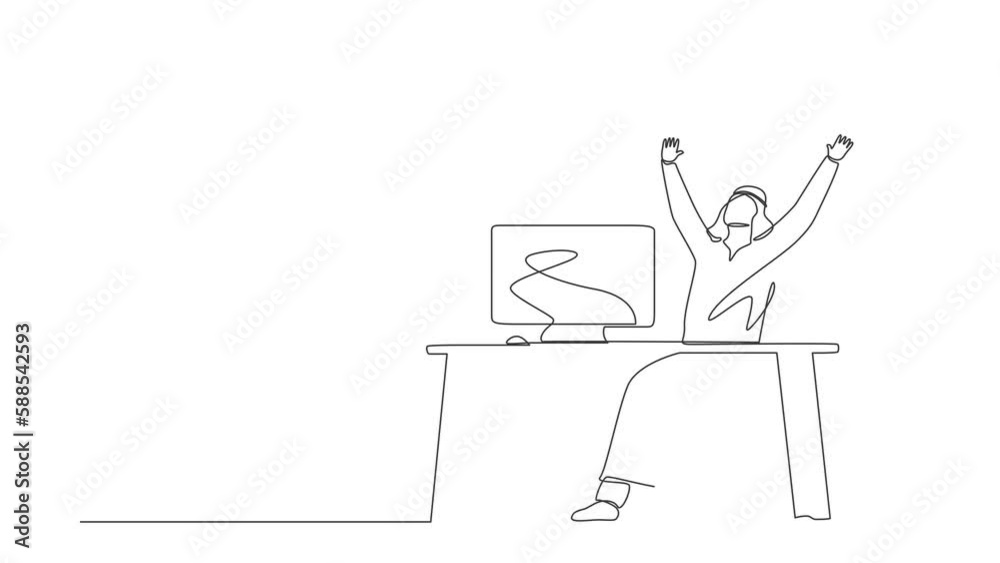 Self drawing animation of single line draw Arab businessman sitting with raised hands on his workplace. Office worker celebrate success of company project. Continuous line draw. Full length animated Self drawing animation of single line draw Arab businessman sitting with raised hands on his workplace. Office worker celebrate success of company project. Continuous line draw. Full length animated