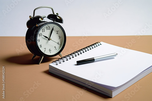clock and notebook, pen on desk. AI generative image