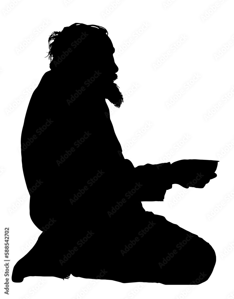 Silhouette of Homeless Old Man Street Beggar with Cup in Hand