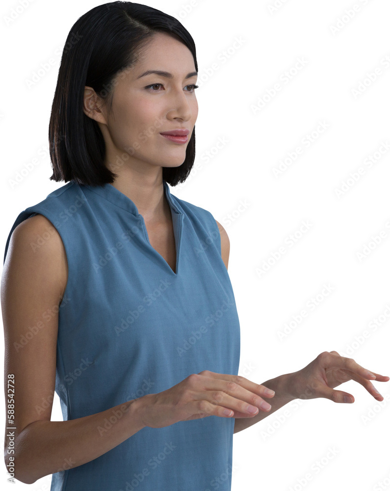 Female executive touching gesturing against white background Female executive touching gesturing against white background