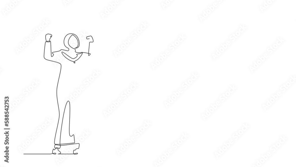 Animated self drawing of continuous line draw Arab businesswoman standing with raised clenched hands. Manager celebrating success of increasing company product sales. Full length one line animation Animated self drawing of continuous line draw Arab businesswoman standing with raised clenched hands. Manager celebrating success of increasing company product sales. Full length one line animation