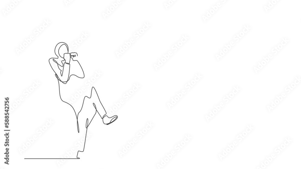 Animated self drawing of continuous line draw Arab businesswoman standing fold one leg, do yes gesture with both hands. Worker celebrate success of company project. Full length single line animation Animated self drawing of continuous line draw Arab businesswoman standing fold one leg, do yes gesture with both hands. Worker celebrate success of company project. Full length single line animation