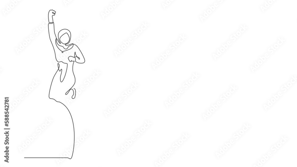 Self drawing animation of single line draw businesswoman jump with folds one leg, raises one hand. Manager celebrating success of increasing company product. Continuous line draw. Full length animated