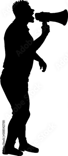Silhouette of a Male Protest Instigator or Leader Shouting Over Megaphone