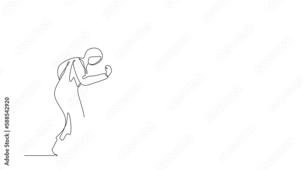 Self drawing animation of single line draw Arab businesswoman bow and do the gesture yes. Office worker celebrate success of company project. Successful victory. Continuous line. Full length animated