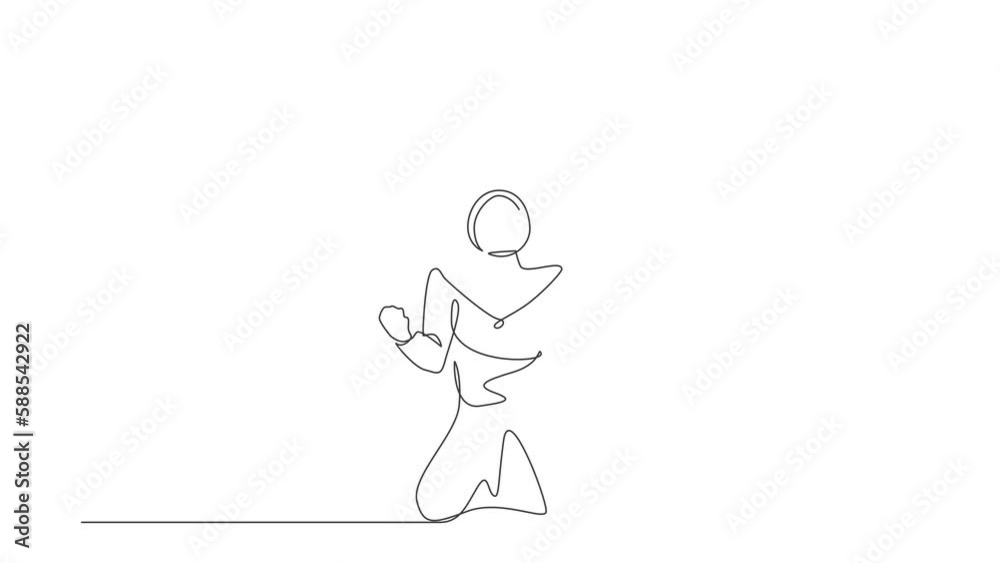 Animated self drawing of continuous line draw Arab businesswoman kneeling with both hands do gesture yes. Manager celebrating success of increasing company product. Full length single line animation Animated self drawing of continuous line draw Arab businesswoman kneeling with both hands do gesture yes. Manager celebrating success of increasing company product. Full length single line animation
