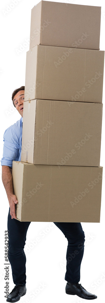 Male executive carrying stack of cardboard boxes