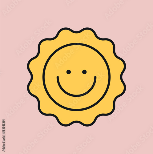 Retro emoticon concept. Yellow smile for social networks and messengers. Positivity and optimism, emotions and feelings. Hippie style sticker. Cartoon flat vector illustration