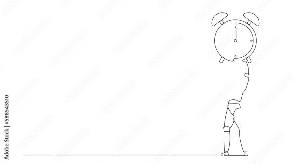 Animated self drawing of continuous line draw robots lifting up big alarm clock. Modern robotics artificial intelligence technology. Electronic technology industry. Full length one line animation Animated self drawing of continuous line draw robots lifting up big alarm clock. Modern robotics artificial intelligence technology. Electronic technology industry. Full length one line animation