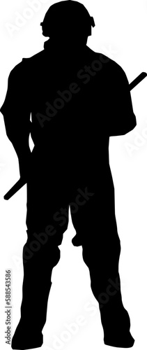 Silhouette of Anti-Riot Special Police Squad Member in Full Gear with Baton