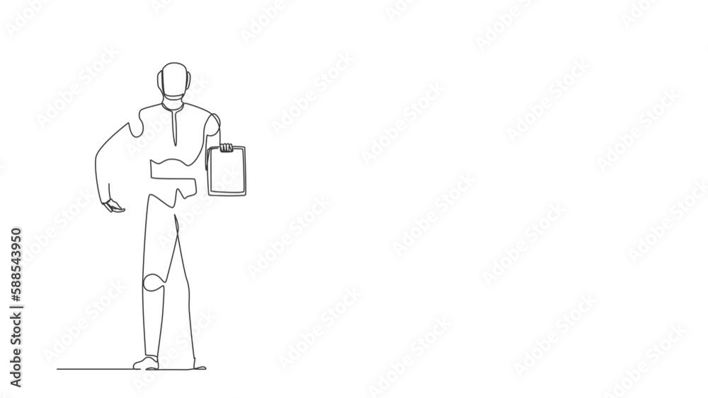 Animated self drawing of continuous line draw robot holding boxes clipboard with documents. Modern robotics artificial intelligence technology. Electronic technology. Full length one line animation Animated self drawing of continuous line draw robot holding boxes clipboard with documents. Modern robotics artificial intelligence technology. Electronic technology. Full length one line animation
