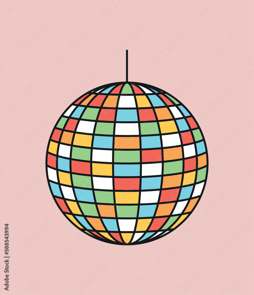 Retro disco ball concept. Event and party equipment. Dancing to music, light. Entertainment, fun and pleasure in nightclub. Vintage social media sticker. Cartoon flat vector illustration Retro disco ball concept. Event and party equipment. Dancing to music, light. Entertainment, fun and pleasure in nightclub. Vintage social media sticker. Cartoon flat vector illustration