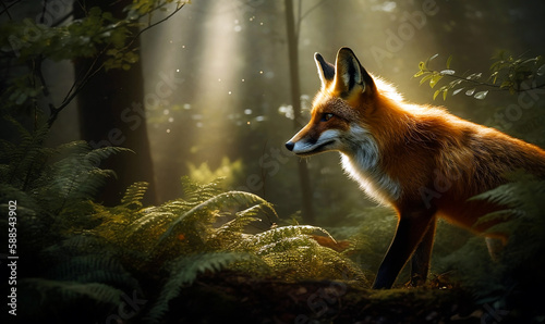 A fox in the forest with the sun shining on it photography created with Generative AI technology