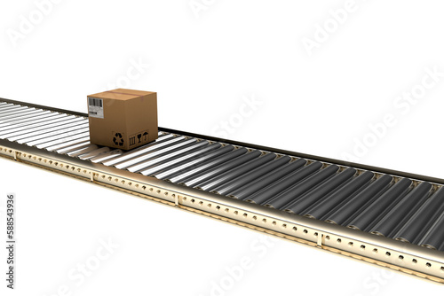 Packed cardboard box on conveyor belt