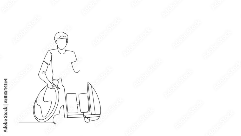Animated self drawing of continuous line draw American football recovering from injury on wheelchair. Man playing on sport competition. Athlete with physical disorder. Full length one line animation Animated self drawing of continuous line draw American football recovering from injury on wheelchair. Man playing on sport competition. Athlete with physical disorder. Full length one line animation
