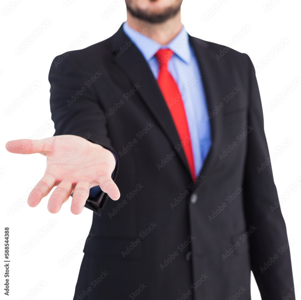 Businessman holding hand out in presentation