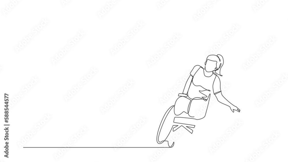 Self drawing animation of single one line draw athlete playing basketball in wheelchair. Woman with paralyzed legs training with ball. Person doing sports. Continuous line draw. Full length animated