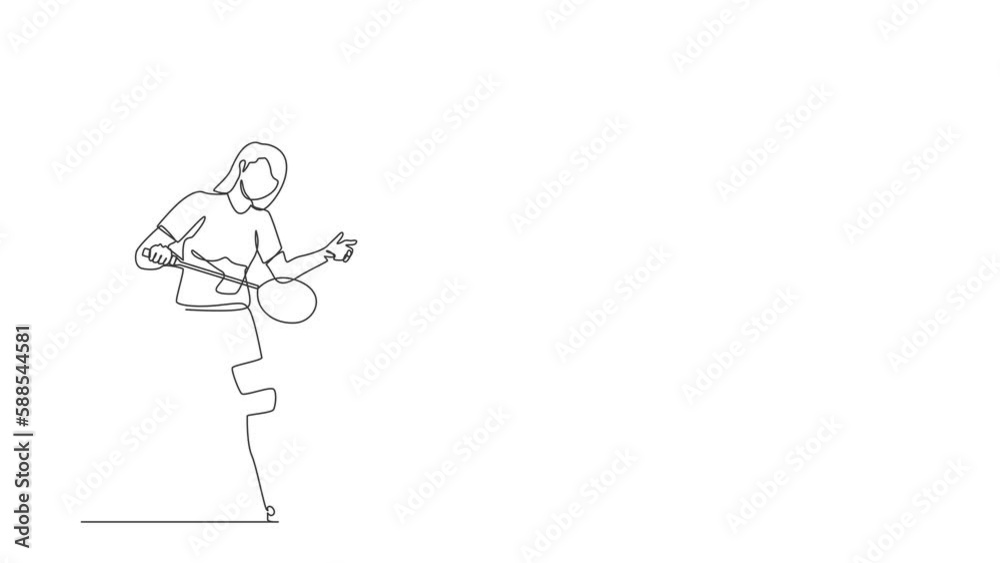 Animated self drawing of continuous line draw athlete playing badminton. Woman with prosthetic leg holding racket. Person with disability performing sports activity. Full length one line animation Animated self drawing of continuous line draw athlete playing badminton. Woman with prosthetic leg holding racket. Person with disability performing sports activity. Full length one line animation