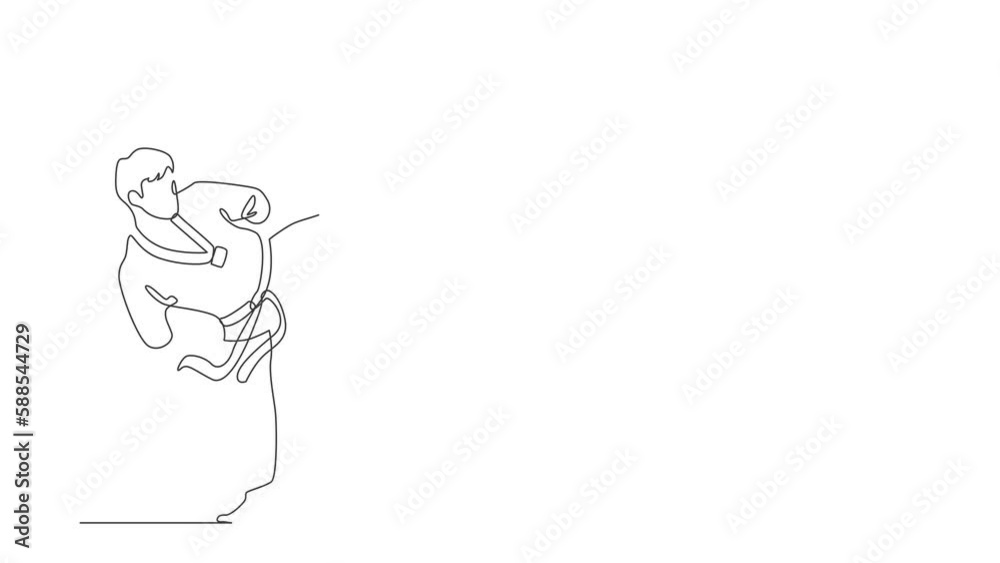 Self drawing animation of single continuous line draw male athlete with disability practicing taekwondo. Sportsman doing kicking pose in sport tournament. Full length one line animation illustration Self drawing animation of single continuous line draw male athlete with disability practicing taekwondo. Sportsman doing kicking pose in sport tournament. Full length one line animation illustration