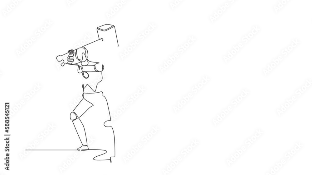Animated self drawing of continuous line draw robot standing and swinging big hammer gesture. Humanoid robot cybernetic organism. Future robotics development concept. Full length single line animation Animated self drawing of continuous line draw robot standing and swinging big hammer gesture. Humanoid robot cybernetic organism. Future robotics development concept. Full length single line animation