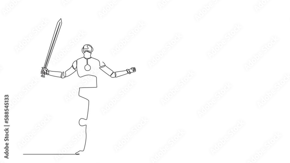 Animated self drawing of continuous one line draw robots standing and lifting up big sword. Humanoid robot cybernetic organism. Future robotics development concept. Full length single line animation Animated self drawing of continuous one line draw robots standing and lifting up big sword. Humanoid robot cybernetic organism. Future robotics development concept. Full length single line animation