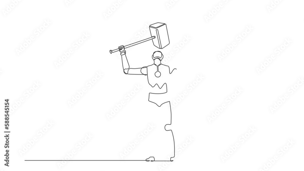 Self drawing animation of single line draw robot standing lifting up big hammer. Future technology development. Artificial intelligence machine learning process. Continuous line. Full length animated Self drawing animation of single line draw robot standing lifting up big hammer. Future technology development. Artificial intelligence machine learning process. Continuous line. Full length animated