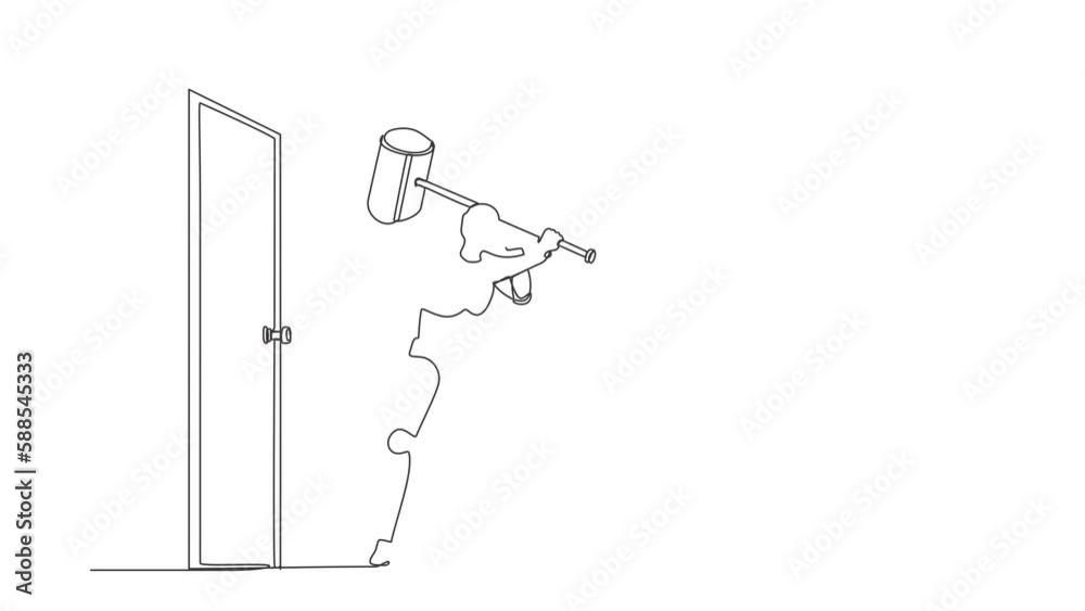 Animated self drawing of continuous line draw robot holding large hammer to destroying door. Future technology. Artificial intelligence and machine learning process. Full length one line animation Animated self drawing of continuous line draw robot holding large hammer to destroying door. Future technology. Artificial intelligence and machine learning process. Full length one line animation
