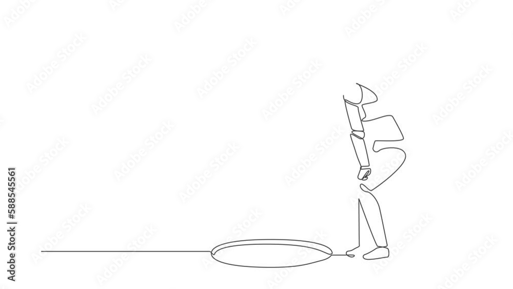 Animated self drawing of continuous line draw robot standing wondering, looking at big hole. Humanoid robot cybernetic organism. Future robotics development concept. Full length single line animation Animated self drawing of continuous line draw robot standing wondering, looking at big hole. Humanoid robot cybernetic organism. Future robotics development concept. Full length single line animation